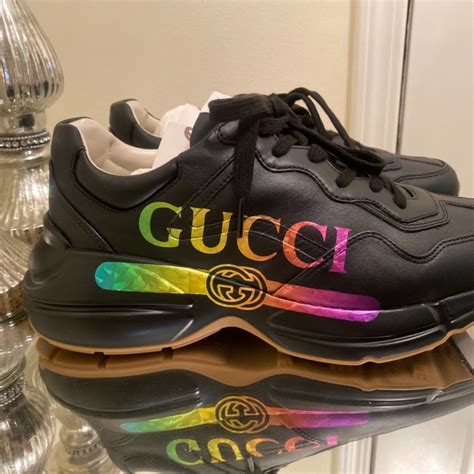 gucci black rainbow sneakers|Gucci rhyton strawberry sneakers.